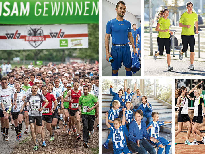 Eine Collage aus Laufveranstaltungen und -aktivitäten: eine große Gruppe von Menschen läuft ein Rennen, ein Mann in blauer Sportkleidung, zwei Menschen joggen über eine Brücke, feiernde Kinder in Sportuniformen und zwei Mädchen spielen Tennis.