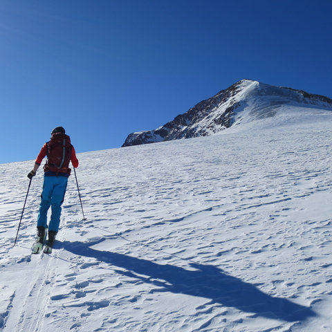Ein Skifahrer in roter Jacke und blauer Hose fährt an einem klaren, sonnigen Tag einen schneebedeckten Berghang hinauf. Im Hintergrund ist der Gipfel unter einem strahlend blauen Himmel zu sehen, der einen langen Schatten auf den Schnee wirft.