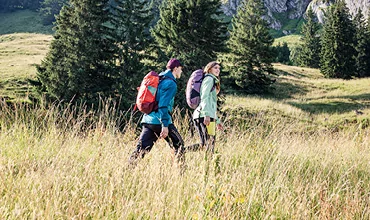 Zwei Menschen mit Rucksäcken wandern durch eine Wiese, die von immergrünen Bäumen und felsigen Hügeln umgeben ist. Der Himmel ist klar und lässt auf einen sonnigen Tag schließen. Beide scheinen für Outdoor-Aktivitäten gerüstet zu sein.