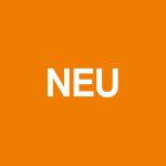 Orangefarbenes Quadrat mit dem weißen Text „NEU“ zentriert vor dem Hintergrund.