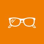 Weißes Brillensymbol auf orangefarbenem Hintergrund.