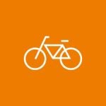 Ein weißes Fahrradsymbol auf orangefarbenem Hintergrund.