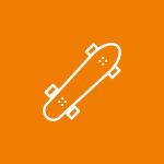 Einfaches weißes Skateboard-Symbol auf orangefarbenem Hintergrund.