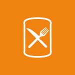 Symbol einer weißen Dose mit gekreuzter Gabel und Messer auf orangefarbenem Hintergrund.