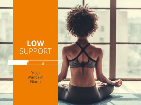 Eine Person sitzt im Schneidersitz auf einer Yogamatte vor einem großen Fenster und trägt Trainingskleidung. Der Text auf einem orangefarbenen Streifen lautet: „Geringe Unterstützung: Yoga, Wandern, Pilates“. Die Szene suggeriert eine ruhige, Indoor-Umgebung für Übungen.