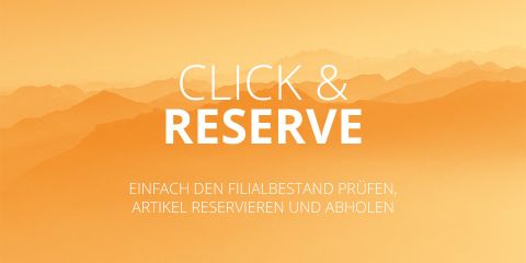 Text „Click & Reserve“ über einem Hintergrund mit Farbverlauf von Gelb zu Orange, der einer Berglandschaft ähnelt. Unten steht der Text „Einfach den Filialbestand prüfen, Artikel reservieren und abholen“, was übersetzt „Einfach den Filialbestand prüfen, Artikel reservieren und abholen“ bedeutet.