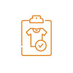 Der orangefarbene Umriss einer Zwischenablage mit einem T-Shirt-Symbol und einem Häkchen in einem Kreis davor, auf weißem Hintergrund.