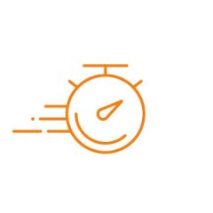 Abbildung einer orangefarbenen Stoppuhr mit Geschwindigkeitslinien auf der linken Seite, die vor einem weißen Hintergrund Bewegung oder Schnelligkeit suggerieren.