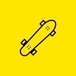 Strichzeichnung eines Skateboards mit zwei Rädern an jedem Ende auf einem leuchtend gelben Hintergrund.