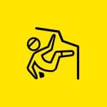 Symbol einer Person, die klettert, in Schwarz auf gelbem Hintergrund dargestellt. Der Kletterer steht auf einer senkrechten Felswand, einen Arm nach oben gestreckt und ein Bein angewinkelt, was Bewegung und Anstrengung beim Aufstieg suggeriert.