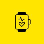 Symbol einer Smartwatch mit einem Herz und einer Herzschlaglinie auf dem Bildschirm, das auf eine Gesundheits- oder Fitness-App hinweist. Das Symbol ist schwarz auf einem hellgelben Hintergrund.