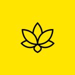 Der einfache schwarze Umriss einer Lotusblume mit fünf Blütenblättern steht zentriert auf einem leuchtend gelben Hintergrund.