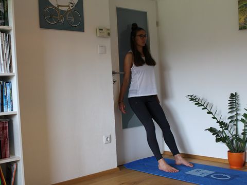 Eine Person in Trainingskleidung lehnt an einer geschlossenen Tür und führt eine Wandsitzübung auf einer blauen Matte durch. In einer Ecke des Raums steht eine Pflanze, links stehen Bücherregale und an der Wand hängt ein Fahrradkunstwerk.