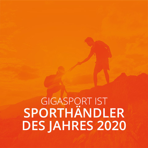 Silhouetten von zwei Wanderern auf einem Hügel, wobei einer dem anderen hilft. Orangefarbene Überlagerung mit deutschem Text: „Gigasport ist Sporthändler des Jahres 2020.“.