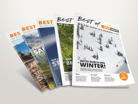 Fünf Magazine auf hellem Hintergrund. Die Titelbilder zeigen Outdoor-Szenen, darunter Berge und Wintersport. Auffällige Texte enthalten Sätze wie „Best of“ und „Aktiv durch den Winter!“ auf Deutsch.