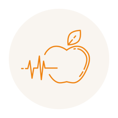 Orangefarbene Strichzeichnung eines Apfels mit einem Blatt und einer hindurchlaufenden Herzschlaglinie vor einem hellbeigen kreisförmigen Hintergrund.