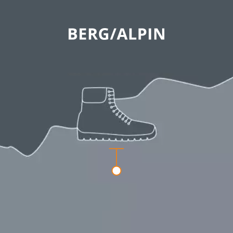 Abbildung eines Stiefels auf einem Bergvorsprung mit dem Text „BERG/ALPIN“ darüber. Der Hintergrund ist ein Farbverlauf aus Grautönen und unter dem Stiefel befindet sich ein orangefarbenes „T“-Symbol.