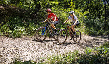 Zwei Radfahrer mit Helmen fahren Mountainbikes auf einem steinigen Waldweg. Der Radfahrer links trägt ein rotes Hemd und der rechte ein graues. Sonnenlicht fällt durch die Bäume und hebt das Grün hervor.