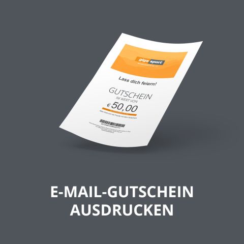 Auf dunklem Hintergrund ist eine digitale Darstellung eines E-Mail-Gutscheins im Wert von 50,00 € zu sehen. Der Text auf dem Bild lautet „E-MAIL-GUTSCHEIN AUSDRUCKEN“, was auf Englisch „E-MAIL-GUTSCHEIN AUSDRUCKEN“ bedeutet.