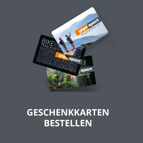 Drei Gigasport-Geschenkkarten auf grauem Hintergrund. Eine zeigt Wanderer, eine andere listet Sportarten wie Radfahren und Skifahren auf und die letzte hat das Gigasport-Logo. Der Text darunter lautet „GESCHENKKARTEN BESTELLEN.