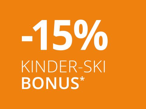 Orangefarbener Hintergrund mit fettem weißem Text mit der Aufschrift „-15 % Kinder-Ski-Bonus*“.