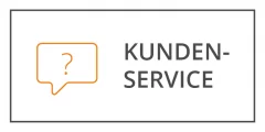 Symbol einer orangefarbenen Sprechblase mit einem Fragezeichen neben dem Text „KUNDEN-SERVICE“ in Grau, eingeschlossen in einem rechteckigen Rahmen.