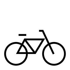 Eine einfache schwarze Umrisszeichnung eines Fahrrads auf weißem Hintergrund. Das Design ist minimalistisch und zeigt zwei Räder, einen dreieckigen Rahmen, einen Lenker und einen Sattel.