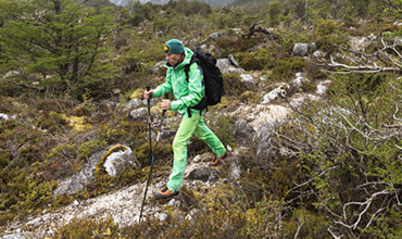 Eine Person in leuchtend grüner Wanderkleidung und Rucksack wandert mit Trekkingstöcken auf einem steinigen Pfad durch einen dichten, grünen Wald. Der bedeckte Himmel deutet auf bewölktes Wetter hin, und das Gelände ist mit Sträuchern und Steinen übersät.