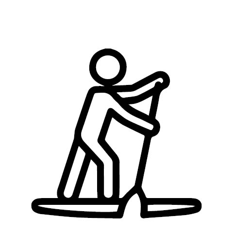 Symbol einer Strichmännchen-Stand-Up-Paddleboarding-Figur. Die Figur steht auf einem Brett und hält ein Paddel.
