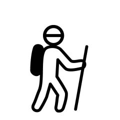Symbol einer wandernden Person. Die Figur trägt einen Rucksack und hält einen Spazierstock in der Hand. Die Darstellung ist schlicht in Schwarzweiß gehalten.