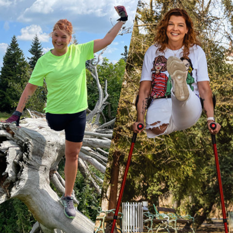 Zwei Bilder einer lächelnden Frau mit amputiertem Bein. Links trägt sie ein neongrünes Shirt und steht auf einem Baumstamm. Rechts trägt sie ein weißes Shirt und Shorts, geht an Krücken und hat ihr Bein nach vorne gestreckt. Beide Szenen sind im Freien mit Bäumen zu sehen.
