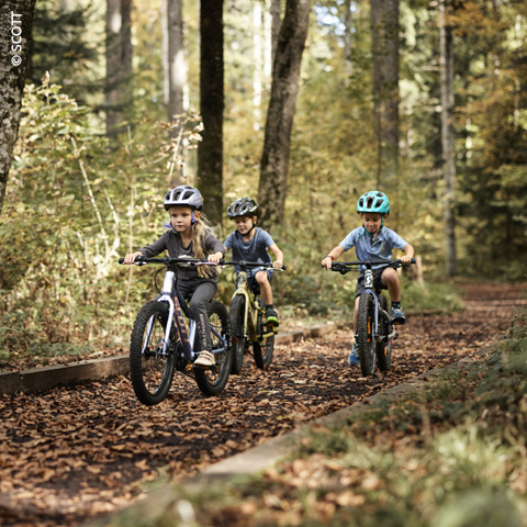 Drei Kinder mit Helmen fahren mit dem Fahrrad auf einem laubbedeckten Waldweg. Umgeben von hohen Bäumen und viel Grün genießen sie ihr Abenteuer im Freien. Die Szene vermittelt ein Gefühl von Spaß und Entdeckungsfreude in der Natur.