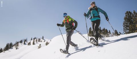 Zwei Personen wandern an einem sonnigen Tag mit Schneeschuhen durch eine verschneite Landschaft. Sie tragen Winterkleidung und Sonnenbrillen und laufen Seite an Seite, im Hintergrund sind schneebedeckte Bäume zu sehen.