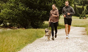 Ein Mann und eine Frau joggen auf einem Schotterweg in einem Park. Neben ihnen läuft ein angeleinter Hund. Sie sind umgeben von saftigem grünem Gras und Bäumen, der Himmel ist leicht bewölkt.