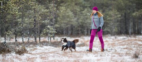 Eine Person in farbenfroher Winterkleidung führt einen Hund durch eine schneebedeckte Landschaft. Die Person trägt eine lila Mütze und Hose, der Hund eine schwarze Jacke. Im Hintergrund sind vereinzelte Bäume zu sehen.