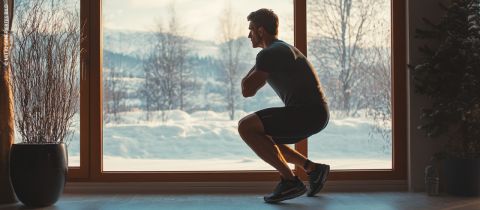 Ein Mann in Sportkleidung macht in einem Haus Kniebeugen vor einem großen Fenster. Draußen sind schneebedeckte Landschaften und Bäume zu sehen. Er balanciert auf einem Bein, das andere ist leicht angewinkelt.