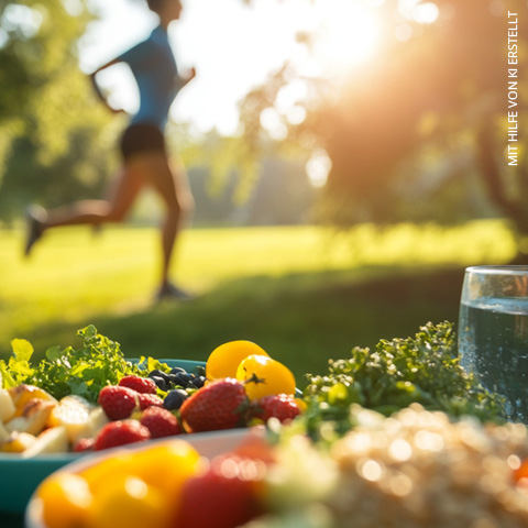 Eine verschwommene Person joggt in einem sonnenbeschienenen Park. Im Vordergrund steht ein Tisch mit Obst, Gemüse und einem Glas Wasser, alles im Fokus. Sonnenlicht fällt durch die Bäume und schafft eine warme Atmosphäre.