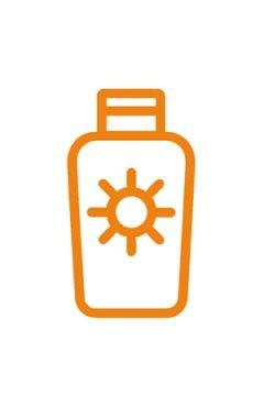 Oranger Umriss einer Sonnencremeflasche mit einem Sonnensymbol auf der Vorderseite vor einem schlichten hellgrauen Hintergrund.