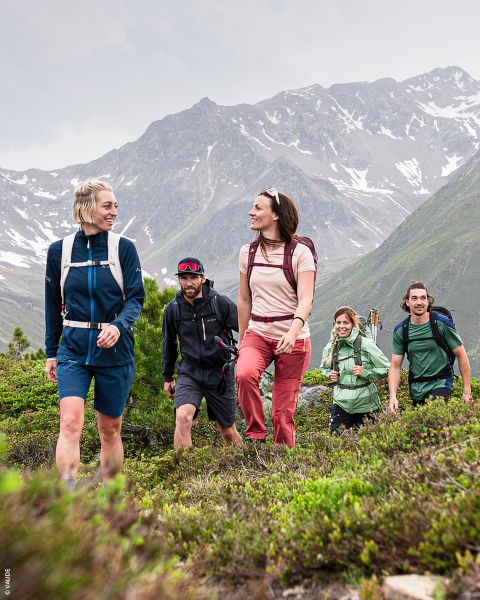 Fünf Menschen mit Rucksäcken wandern einen grünen Bergpfad hinauf. Im Hintergrund ragen schneebedeckte Gipfel unter einem bewölkten Himmel empor. Die Gruppe wirkt glücklich und unterhält sich.