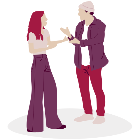 Eine Illustration einer Frau und eines Mannes, die sich unterhalten. Die Frau hat lange Haare und trägt eine Hose mit weiten Beinen und ein kurzärmeliges Oberteil. Der Mann trägt eine Mütze, eine Jacke und eine Hose. Beide gestikulieren mit ihren Händen.