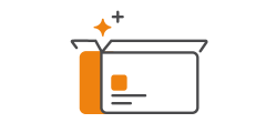 Eine einfache Illustration einer offenen Schachtel mit einem orangefarbenen Innenraum und Glitzern darüber, was auf etwas Neues oder Besonderes im Inneren hindeutet. Die Schachtel hat Linien und Formen, die an ein Produktetikett erinnern.