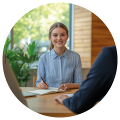 Junge Frau, die während einer Besprechung oder eines Vorstellungsgesprächs lächelt und Notizen macht, sitzt mit einer anderen Person an einem Tisch in einem hellen, modernen Büro.